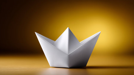A white paper boat is placed on a wooden table. The background glows with warm yellow tones, creating a soft and inviting atmosphere. The boat stands out as a symbol of creativity and simplicity.の素材