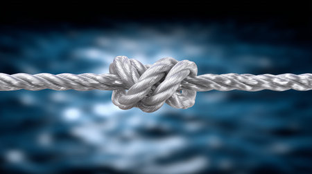 A close-up view of a tightly tied knot made from strong rope. The background features calm water with a soft blue hue, giving a peaceful yet sturdy vibe to the scene.の素材