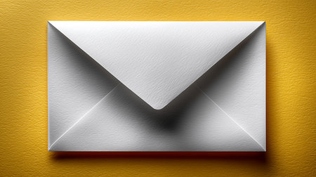 A white envelope rests on a vibrant yellow surface. The envelope is closed, showcasing its simple design, suitable for sending letters or invitations.の素材