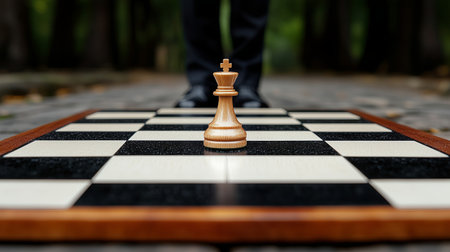 A single wooden king chess piece is centered on a large chessboard. A person stands over it, the setting is a quiet park with trees in the background, capturing a relaxing afternoon.の素材