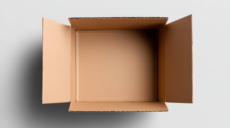 A large, empty cardboard box sits on a flat surface, its flaps open wide. It is ready for packing items, storage, or shipping purposes. The interior is clean and well-formed, inviting use.の素材