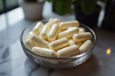 Glass bowl filled with capsules on marble countertop, soft natural light highlights glossy pale shells,の素材