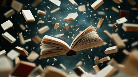 An open book hovers in mid-air, surrounded by floating books, evoking a sense of wonder. The dimly lit library background enhances the enchanting ambiance.の素材