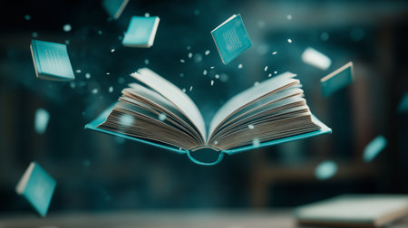 An open book hovers in mid-air, surrounded by floating books, evoking a sense of wonder. The dimly lit library background enhances the enchanting ambiance.の素材