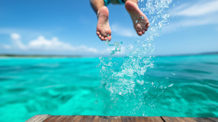 A child leaps from a wooden dock into bright turquoise water under a clear blue sky. The splashes of water create a joyful atmosphere on a sunny day by the sea.の素材