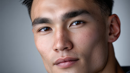 A close-up of a young man displaying strong facial features and a calm demeanor. His direct gaze and slight smile convey confidence and approachability in a neutral setting.の素材