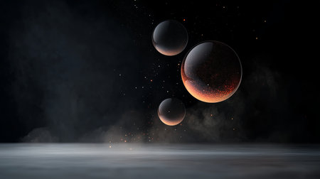 Three glowing orbs hover in a dark space, surrounded by a misty haze. Tiny particles shimmer in the backdrop, creating an otherworldly scene filled with mystery.の素材