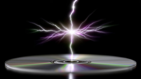 A CD sits on a dark surface with bright electric bolts radiating from its center. The glowing light contrasts sharply against the black background, creating a striking visual effect.の素材