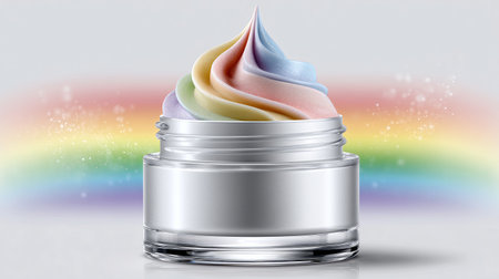 A jar holds a creamy substance swirled in pastel colors resembling a rainbow. The background is soft and bright, enhancing the vibrant hues of the cream.の素材
