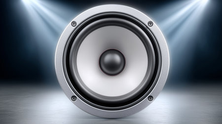 A powerful audio speaker is positioned in a sleek venue. The bright lights create a dramatic atmosphere, highlighting the speaker's design, suitable for concerts and events.の素材