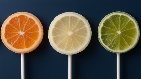 Three round lollipops in bright colors are displayed on a blue surface. The lollipops resemble orange, lemon, and lime slices, creating a vibrant and fun look.の素材