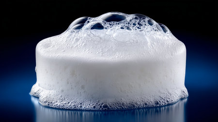 A mound of white foam sits on a reflective surface with a dark blue background. The bubbles glisten in the light, creating a visually striking contrast that draws attention.の素材