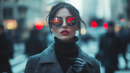 A woman in a fitted charcoal-gray coat and leather gloves stands at a crosswalk, wearing mirrored sunglasses that reflect a distorted cityscape--warped, fragmented, almost unreal. The crowd moves past her in a blur, their faces barely distinguishable. Her posture is composed, yet the fractured reflection in her glasses suggests a world out of sync.の素材