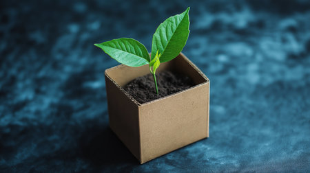 Sustainable practices are highlighted with a green plant emerging from a recycled cardboard box. This setup illustrates the importance of eco-friendly choices in everyday life.の素材