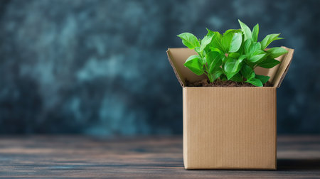 A small plant is growing in a recycled cardboard box filled with soil, set against a textured dark background. This setup showcases eco-friendly practices and nature indoors.の素材