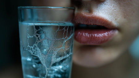 A person holds a glass of water close to their lips, showcasing a delicate moment. The feature highlights droplets on the glass and the texture of the lips, creating an intimate feeling.の素材