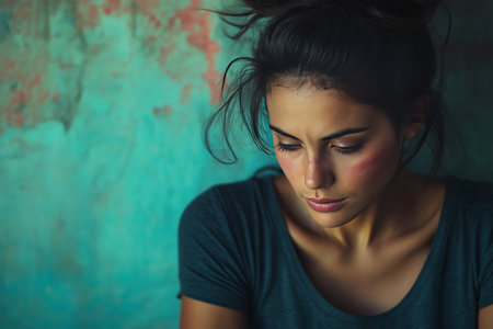 A woman sits pensively, looking downward with an introspective expression. The vibrant teal and muted tones of the background provide a contrasting backdrop to her contemplative mood.の素材