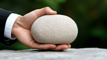 A person in a black suit holds a smooth stone in their hand. The background features green foliage. The scene captures a simple moment focusing on the stone.の素材
