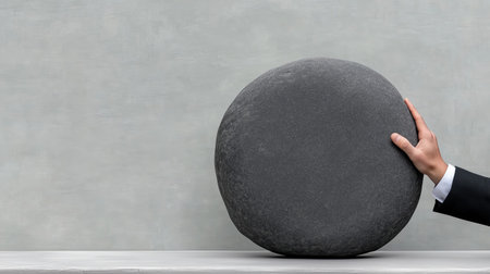 A person uses one hand to shift a large round stone while standing near a wall. The stone is smooth and dark in color, and the background is light and plain. The setting is simple.の素材