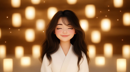A cheerful young girl with long dark hair smiles gently while wearing traditional attire. She stands in a softly lit space adorned with glowing lanterns, creating a warm atmosphere.の素材