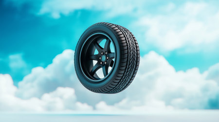 A black racing tire floats in a clear blue sky, surrounded by fluffy white clouds. The scene captures a moment of motion and freedom, highlighting the tire's sleek design.の素材