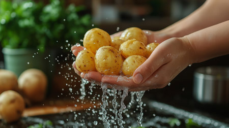 Hands hold freshly harvested potatoes while rinsing them under running water in a kitchen. The background hints at a vibrant cooking space with fresh herbs and utensils.の素材