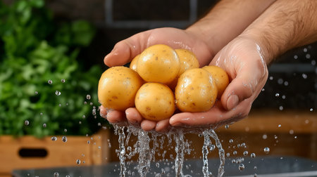 Hands hold several freshly washed potatoes as water cascades over them. This activity takes place in a kitchen surrounded by green herbs, showcasing a clean prep area.の素材