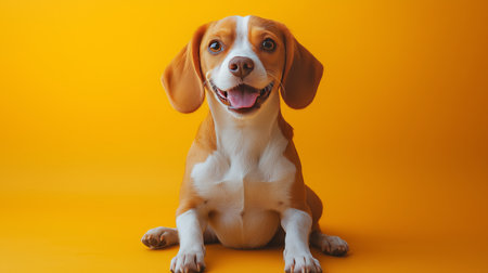 A cheerful beagle sits comfortably on a yellow background, showcasing its expressive face and playful demeanor. The dog looks directly at the viewer, radiating joy.の素材