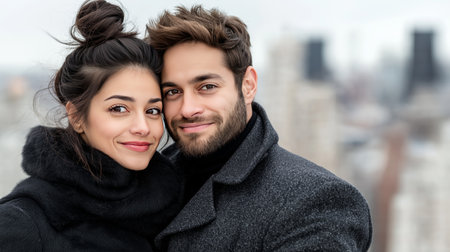 A young couple poses happily outdoors against a city skyline. They wear warm coats and smile at the camera, showcasing their affection amidst the urban backdrop on a chilly day.の素材