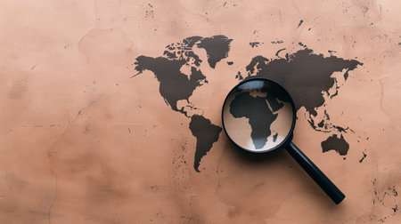 magnifying glass over world map on copper surface, textured background with patina and shadows, magnifierの素材