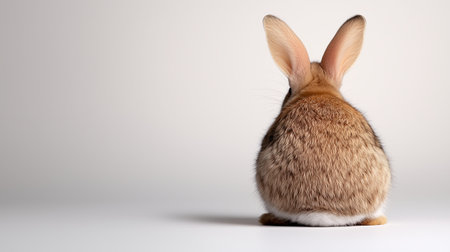 back view fluffy rabbit sitting quietly, round tail and soft fur highlighted against minimal studio backdrop,の素材