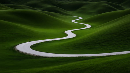 Sinuous white path cutting through emerald rolling hills, sculpted contours, deep green textures and softの素材