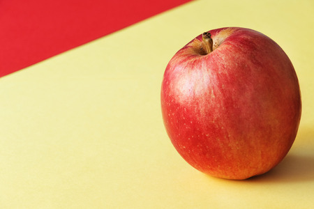 One red apple on a yellow and red background , front view , studio shot ,の写真素材