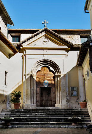 Church of Santo Stefano in Alatri, beautiful exterior with wooden portal and staircaseのeditorial素材