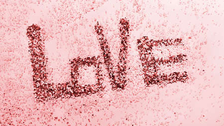 Word LOVE written with bright red glitters on mirrorの写真素材