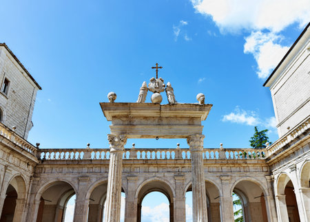 Montecassino-Italy-August 29 -2021 Cloister of Bramante with loggia of Paradise in Montecassino...
