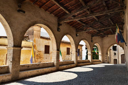 Sermoneta, hill town in the central Italy, Loggia dei Mercanti, Lodge of the Merchants, used as seat of Municipality business and popular assembliesの写真素材