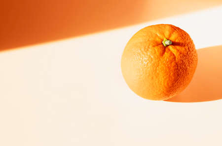 One orange fruit on white table, orange colored shadows,の写真素材