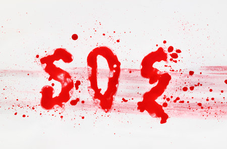 The word SOS drawn with red watercolor on white backgroundの写真素材