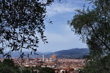 Landscape of Florence, Tuscany, Italy with cathedral Santa Maria del Fiore, Giotto's bell tower and Brunelleschi domeの写真素材