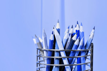 Pointed blue pencils in pencil box ,place of work o leisure timeの写真素材