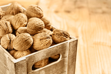 Fruit of walnuts in wooden box, healthy eating, nutritional supplementの写真素材