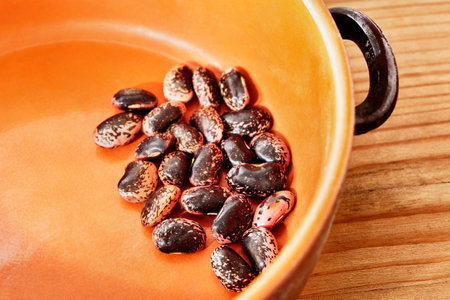 Bunch of raw healthy scarlet runner beans, old German variety of large kidney-shaped brown-pink...
