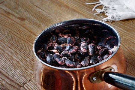 Bunch of raw healthy beetle beans or scarlet runner beans, old German variety of large kidney-shaped...