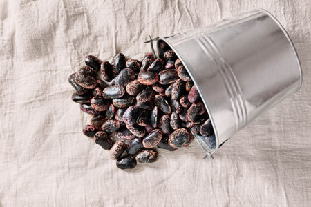 Bunch of raw healthy scarlet runner beans, old German variety of large kidney-shaped brown-pink...