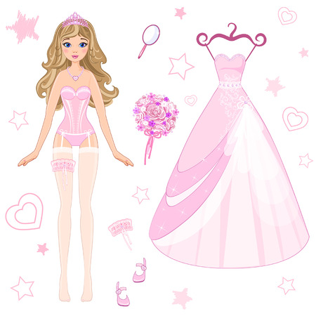 paper doll bride with a bouquetのイラスト素材