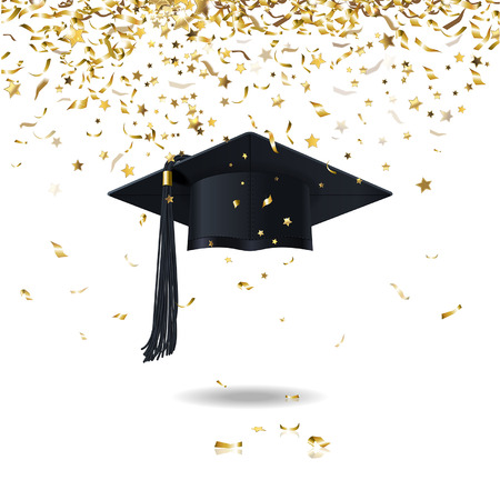 graduate cap and golden confetti