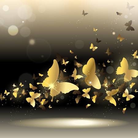 whirlwind of gold butterflies on a dark backgroundのイラスト素材