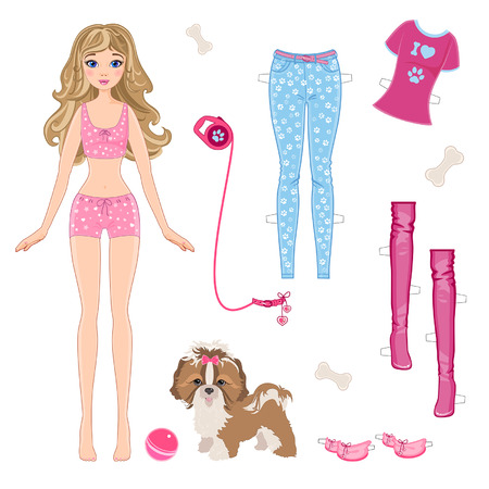 Paper doll with clothes and a small dogのイラスト素材