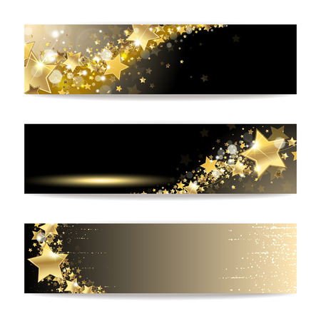 Set of banners with gold stars on a dark backgroundのイラスト素材